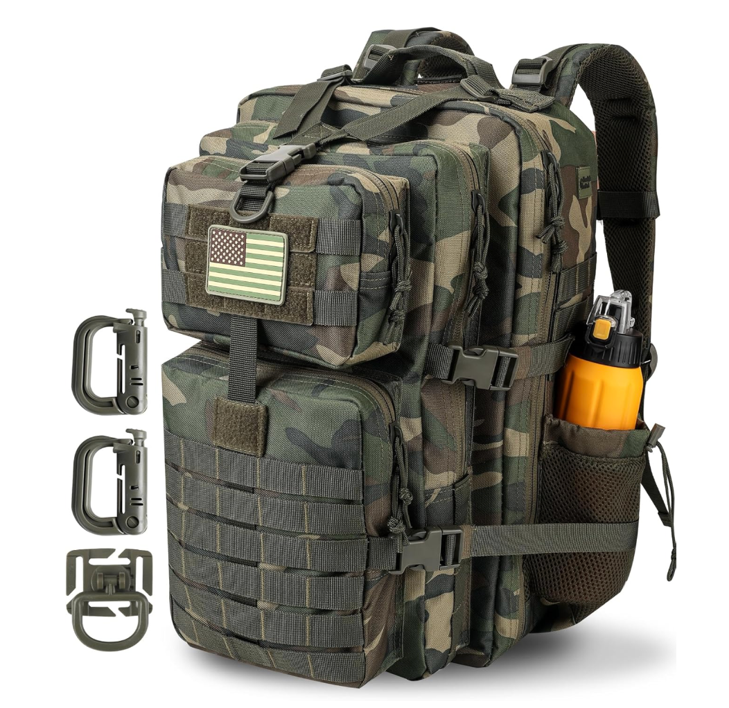 45L MOLLE Assault Pack, Tactical Backpack Military Army Camping Rucksack with Bottle Holder, 3-Day Pack Trip w/USA Flag Patch, D-Rings, Black Camo