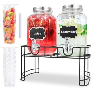 1 Gallon Glass Drink Dispensers For Parties-Set of 2,Drink Dispenser with Fruit Infuser & Stand,Juice or Beverage Dispenser for BBQ, Picnic, Party,Laundry Detergent Dispenser