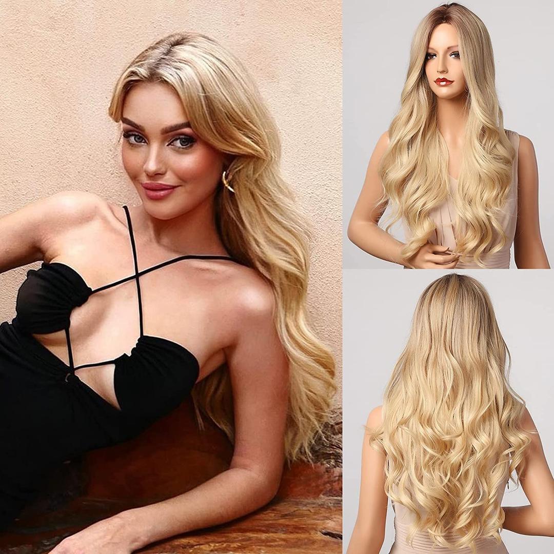 Honygebia Blonde Middle Part Wig - Long Wavy Ombre Blond Wigs with Dark Roots for Women, Curly Synthetic Heat Resistant Hair, Natural Looking Cute Wigs for Halloween/Christmas/Cosplay/Party