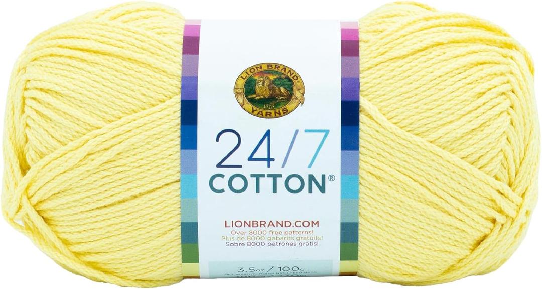 Lion Brand Yarn Lightweight 24/7 Cotton Yarn for Knitting, Crocheting, and Crafts, Lemon, 1 Pack