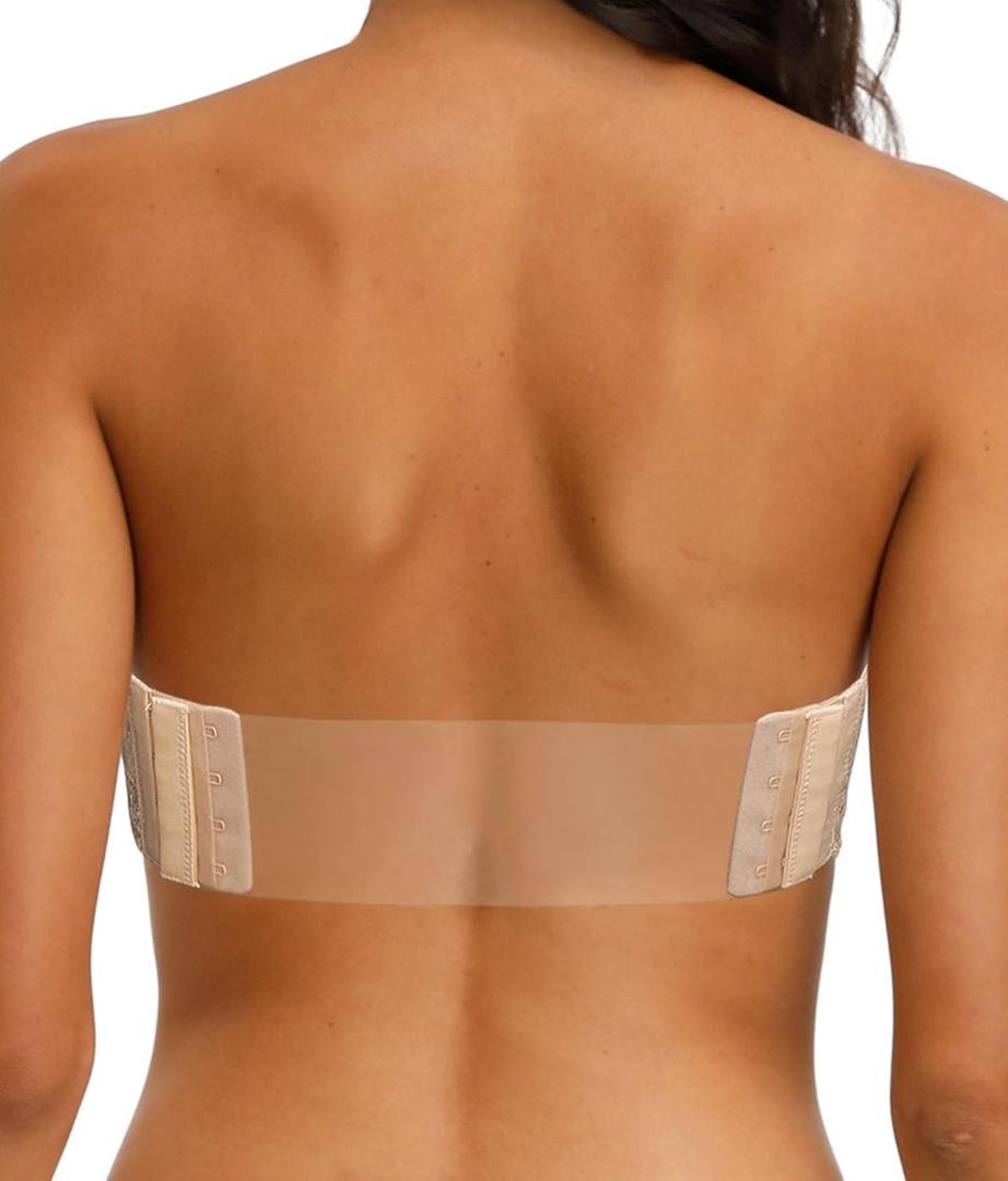 Strapless Clear Back Strap Convertible Bra with Lace Padded Underwired Plus Size Brassiere (32D, Nude)