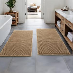 MIULEE Set of 2 Waffle Bathroom Runner Rugs, Boho Bath Rugs Non Slip Washable, Super Absorbent Runner Bath Mats, Rubber Backed Shower Mats for Hallway Bedroom Laundry Room, Brown, 2'x4'(24x48 Inch)