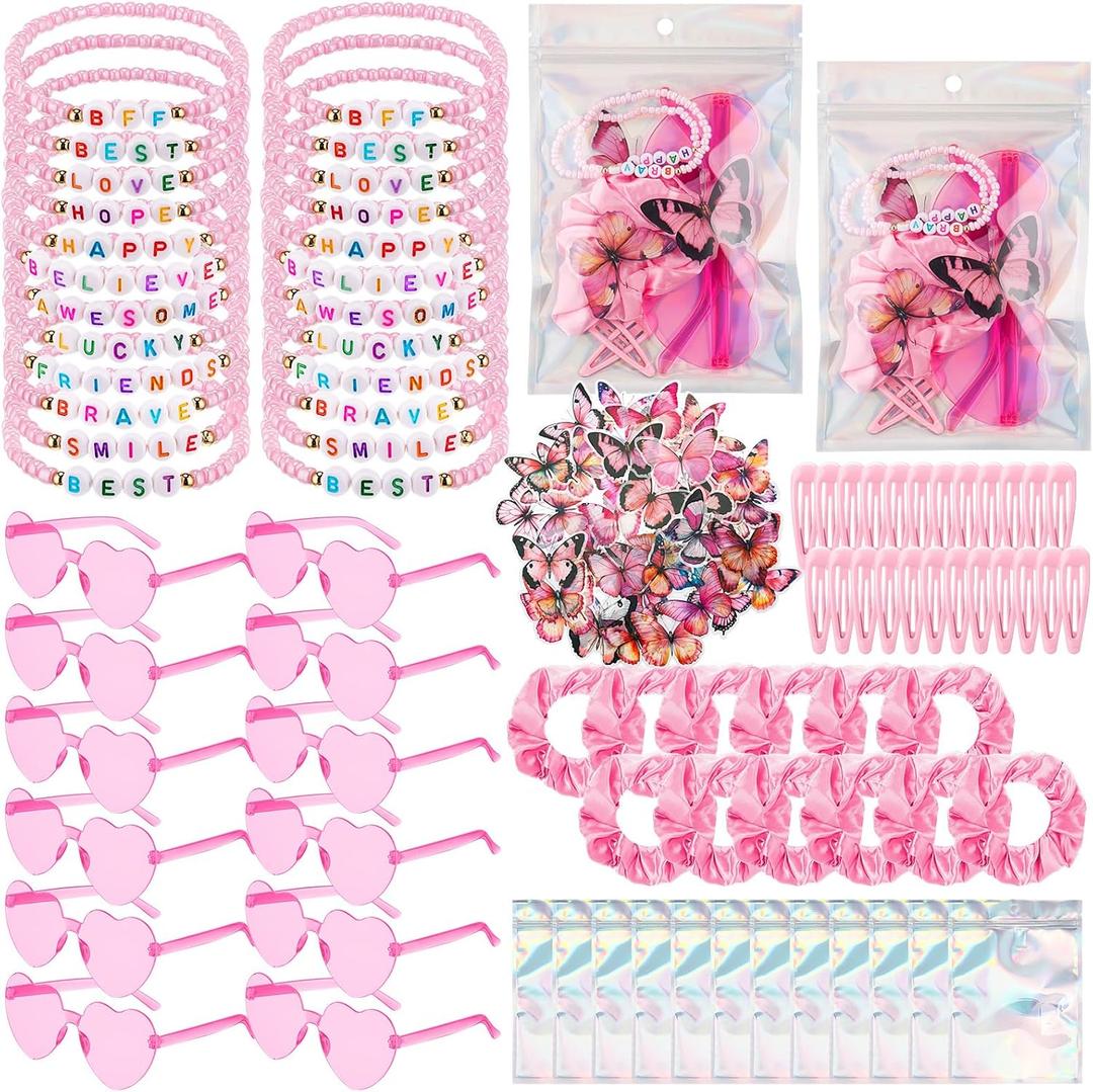 Quelay 134 Pcs Kpop Disco Party Favors Popular Singer Party Friendship Gift Set Birthday Bracelets Sunglasses Satin Scrunchie Clips Stickers Bags for 80s Y2k Fans Women(Heart,Pink)