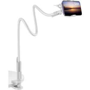 SAIJI Gooseneck Cell Phone Holder, Clamp Universal Lazy Mount Clip Hands Free Flexible Long Arm Bracket Grip for 4-7 Phones Mobile Stand Baby Monitor for Desk, Bed, Office, Kitchen (White) (33.5 in)