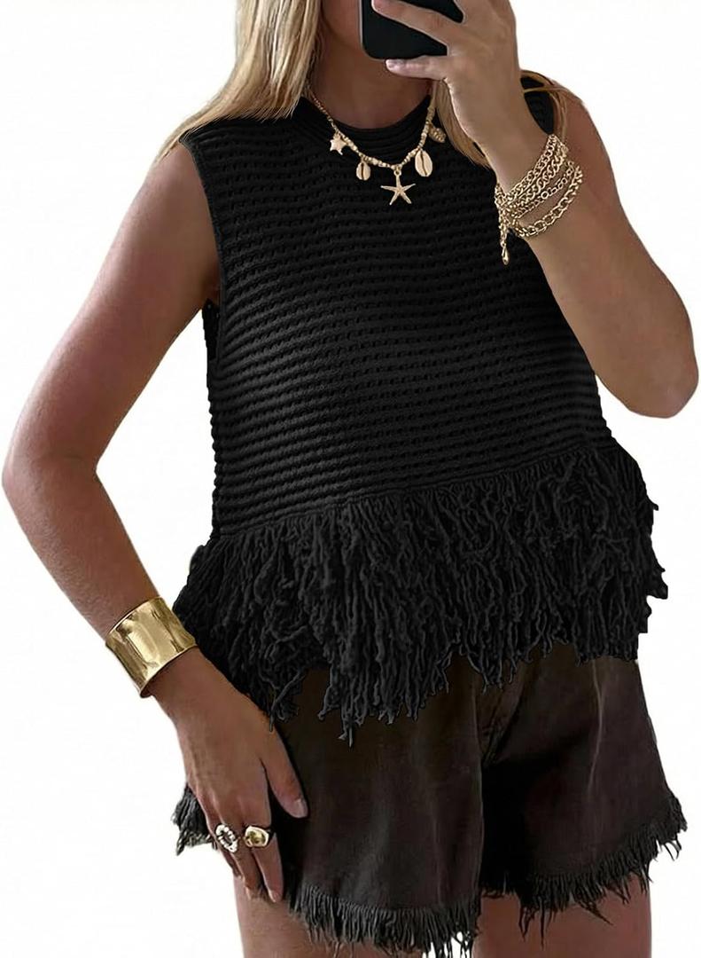 Saodimallsu Womens Crochet Crop Tank Tops Sleeveless Fringe Crew Neck Trendy Boho Knit Summer Sweater Vest, Small