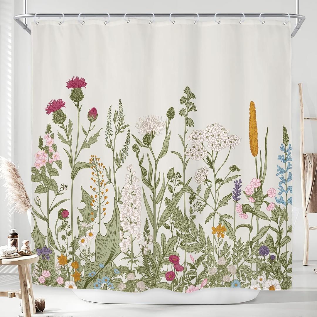 Riyidecor Wildflower Botanical Shower Curtain for Bathroom Decor 72Wx72H Inch Floral Flower Plant Herbs Sage Green Leaves Decorative Bath Set Bathroom Accessories Fabric Waterproof 12 Pack Hooks