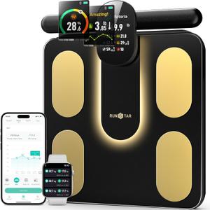 Runstar Smart Scale FSA&HSA Eligible, 8 Electrodes Digital Bathroom Scale for Body Weight and Fat, BMI, Muscle Mass 28 Body Composition Measurement, with Full-Color TFT LCD on Retractable Handle (Black Gold)