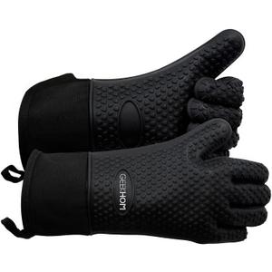GEEKHOM BBQ Gloves X-Large, Heat Resistant Kitchen Silicone Oven Mitts, Waterproof Oven Gloves, BBQ Grill Accessories for Baking, Fryer, Smoker, Weber, Pizza, Microwave, Non-Slip, Black, L