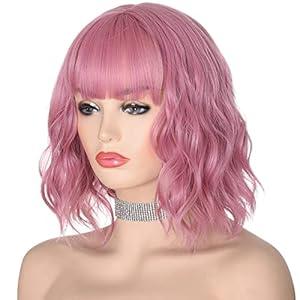 Morvally Pink Wigs for Women Short Pink Wig with Bangs Light Pastel Pink Bob Synthetic Hair Wavy Wigs for Womens Daily Wear 12 Inch