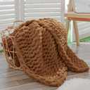 Bigacogo Chunky Knit Throw Blanket for Couch, 40x40 inches, 100% Hand Knitted with Thick Jumbo Chenille Yarn, Cozy Soft Large Rope Knot Cable Crochet Blankets for Sofa Bed Living Room, Caramel