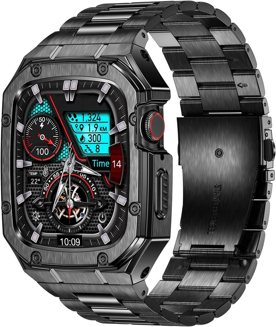 Stainless Steel Watch Band with Case Compatible with Apple Watch Series 9 8 7 45mm, Rugged Strap with Metal Protective Bumper Cover for iWatch Bands Men (Black)