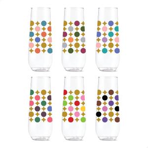 TOSSWARE POP 9oz Flute Designer Series - Shapes 3, SET OF 6, Premium Quality, Recyclable, Unbreakable & Crystal Clear Plastic Printed Champagne Glasses