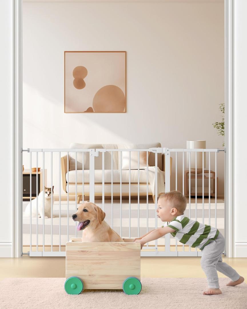 keny 29"-55" Extra Wide Baby Gate, Pressure Mounted No Drilling Dog Gate
for Stairs Doorways, Easy Walk Through Safety Gate for Babies or Pets, 30" Tall, White
