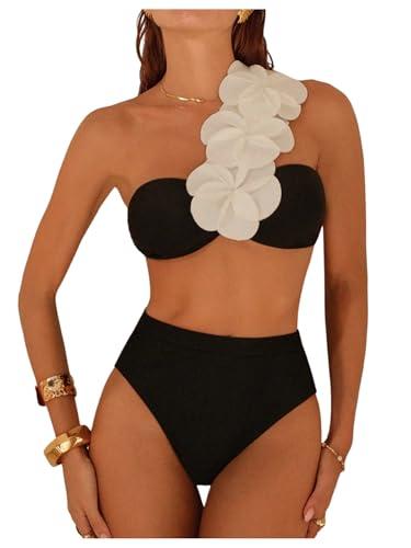 SHENHE Women's One Shoulder Bikini Set High Waisted 3D Flower Bandeau Swimsuits 2 Piece Swimwear Black Small