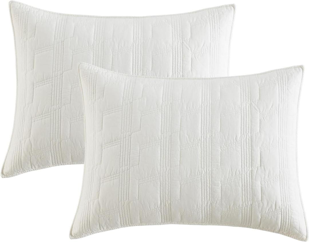 HORIMOTE HOME 100% Cotton Quilted Pillow Shams King Size, Cream Pre-Washed 2 Pack 20" x 36" Cozy Pillowcases, Breathable Stitching Pillow Cases Cover Decorative for Bed in Geometric Pattern