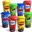 24 Pack Hero Themed Party Cups with Lids - 16oz Reusable Plastic Tumblers for Kids Birthday, Red Blue Yellow Green Drinking Cups for Comic Hero Party Decorartions Favors Supplies