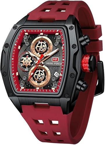 MF MINI FOCUS Men Watches Unique Casual Wrist Watches (Chronograph/Waterproof/Luminous/Calendar) Silicon Band Fashion Watches for Men (Red_Black)