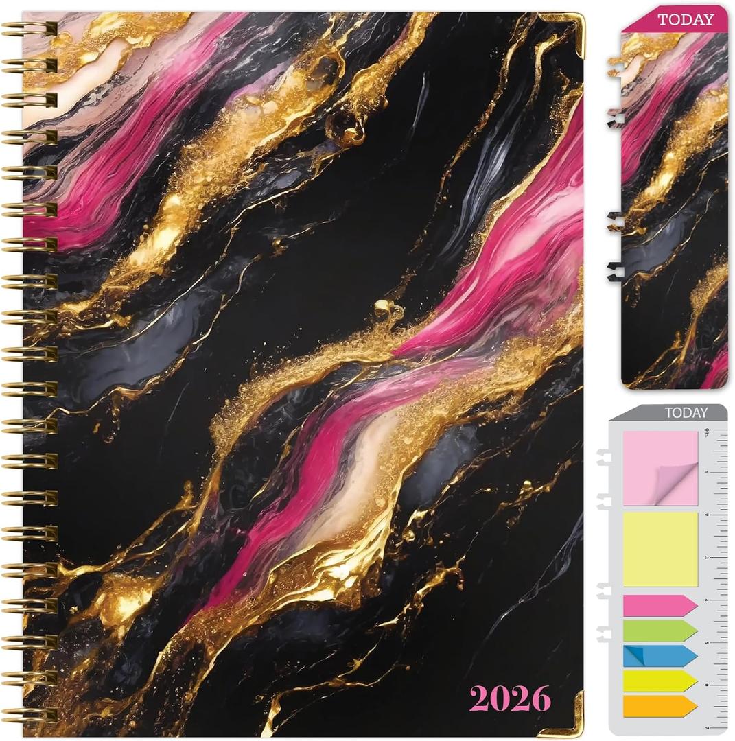 HARDCOVER 2026 Planner, 8.5"x11": 14 Months (November 2025 - December 2026), Daily Weekly Monthly Planner, Yearly Agenda, Bookmark, Pocket Folder and Sticky Note Set (Dark Gold Marble)