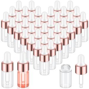 100 Pcs Mini Glass Oil Dropper Bottle Bulk, 3 ml Rose Gold Clear Essential Small Empty Bottles Sample Containers Perfume Liquid Vials with Cap for Traveling