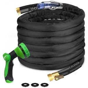 100Ft Non-Expandable Garden Hose, Flexible Water Hose with 10-Pattern Spray Nozzle, Lightweight Hose Pipe, Kink-Free, Leak-Proof, 3/4" Solid Metal Fittings (Black)