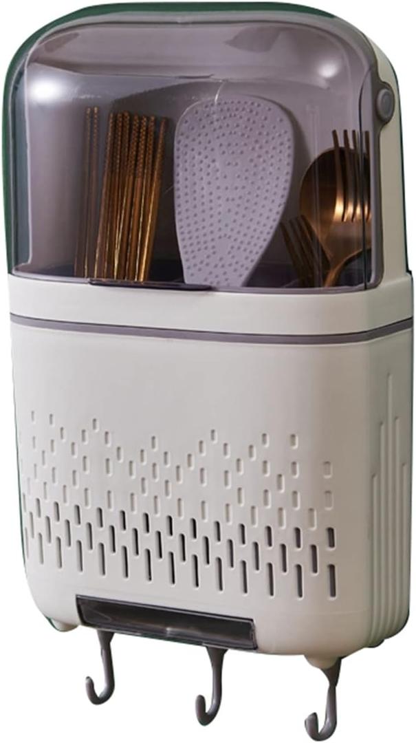 Utensil Holder, Waterproof Compartmental Storage Cutlery Drainer with Cover, Wall Mount Utensil Rack Detachable Kitchen Hanging Chopstick Container, 11.8 x 7.5 x 3.3in(Moonlight White)