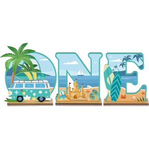 3 Pcs Surf First Birthday Decorations the Big One Wooden Table Centerpiece Surf One Letter Sign 1st Party Supplies for Summer Beach Birthday Board Swimming Hawaii Party Decor
