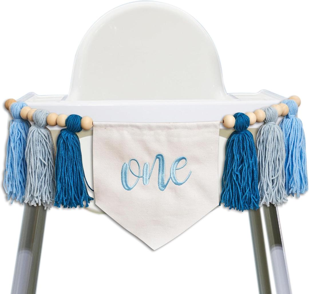 Blue One Tassel High Chair Banner - First Birthday Party Decoration Supplies Garland, Blue Ocean Waves Theme High Chair Tassel Banner, One Sign Birthday Party Backdrop Decoration