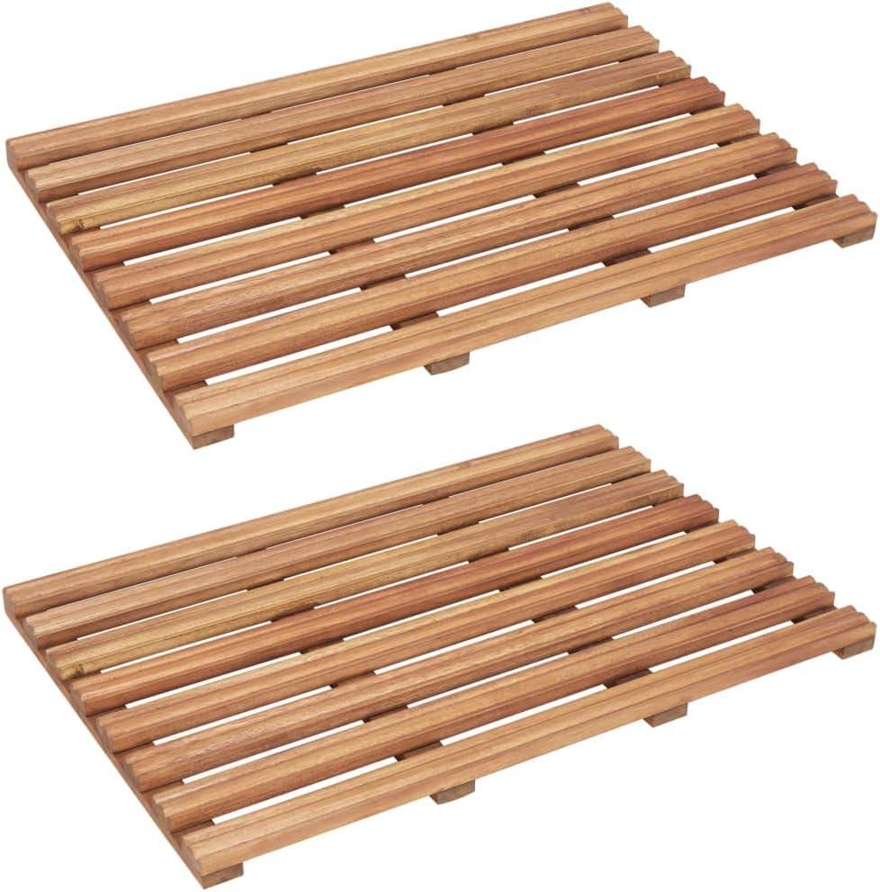 'vidaXL Beige Acacia Wood Non-Slip Bath Mats  9*12 - Water Bathroom or Sauna Room Mats with Slatted Design - Pack of 2