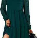 ANRABESS Dresses for Women Casual Lace Long Sleeve V Neck Tiered Swing Flowy Loose A-line Mini Short 2025 Fall Vacation Dress (Deep Green), Large