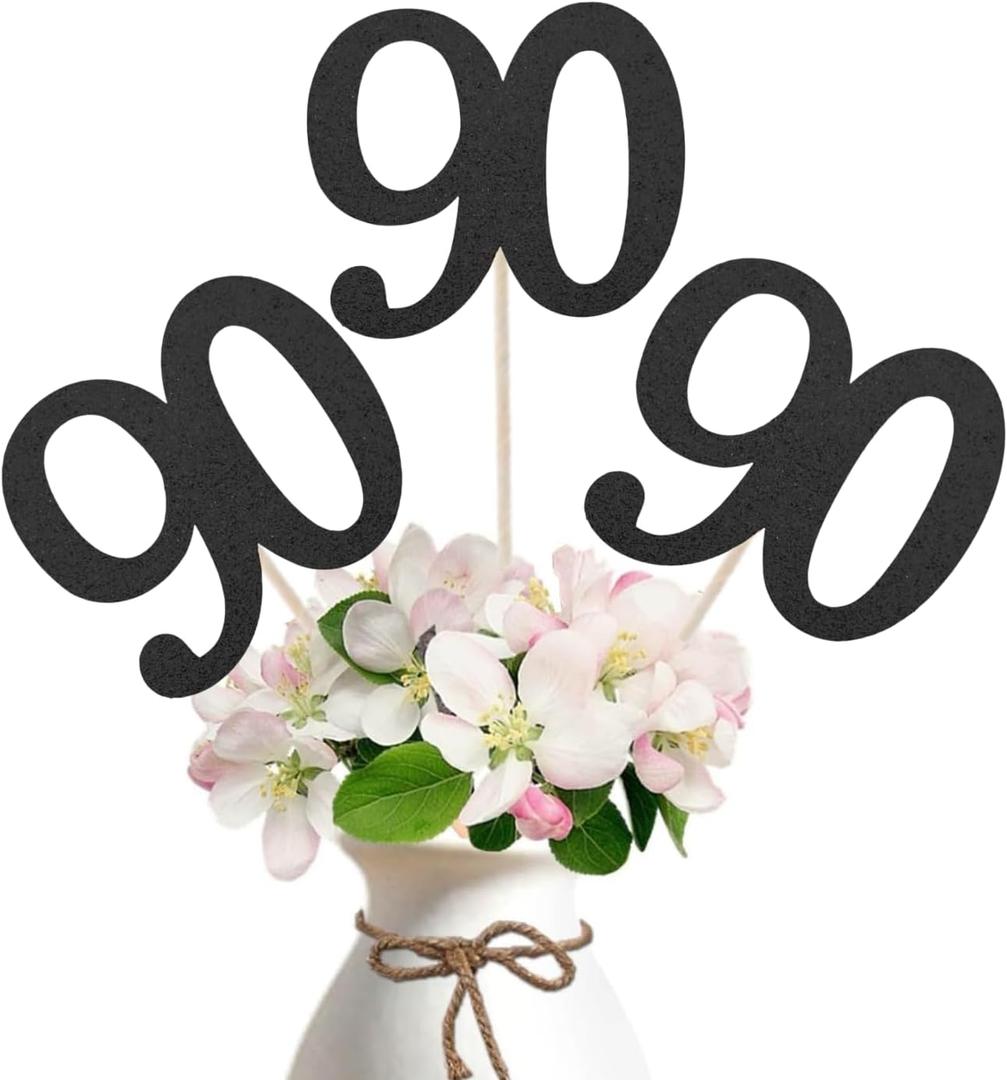 2 x 10-Pack Double Sided Glitter 90th Birthday Centerpiece Anniversary Centerpiece Sticks, Number 90 Table Topper Cake Topper for 90th Birthday Anniversary Table Party Decorations (Double Sided black)