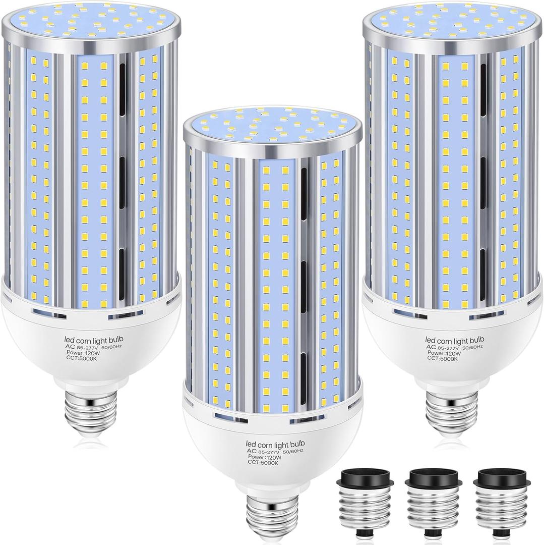 XYCN 3 Pack 120W Corn LED Light Bulb Fanless,5000K Daylight(1200 Watt Equivalent) E26/E39 Large Mogul Base LED Cob Lamp 15,800LM for Outdoor Indoor Garage Warehouse Factory Workshop Street Backyard