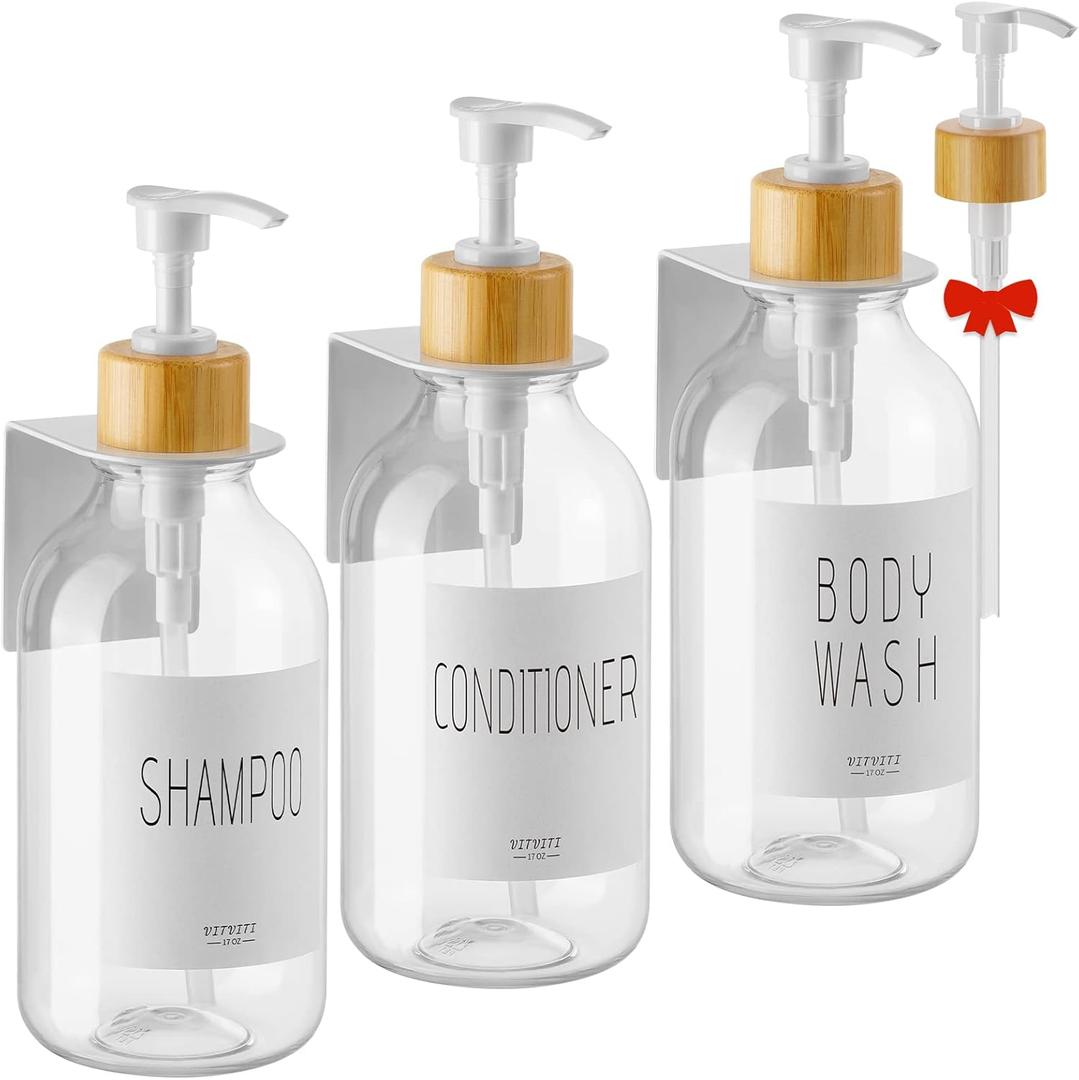 VITVITI Shampoo and Conditioner Dispenser, Body Wash Shower Soap Dispenser Wall Mounted 3 Chamber, Drill Free 17oz Plastic Shower Bottles for Bathroom, Clear 3 Sets