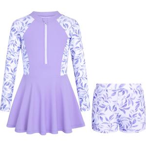 HOZIY Girls Long Sleeve Swimsuit Two Piece Rash Guard Dress with Swim Shorts Front Zip for Kids Tween Teens UPF 50+ (7-8 Years, Lavendar Floral)