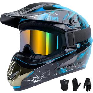 Youth Kids Dirt Bike Helmet Full Face Helmets,Motorcycle Helmets for Boys and Girls 8-14,Includes (Gloves Goggles Mask) 4Pcs Set,Motocross Bike Helmet for Off-Road ATV BMX MX,DOT Approved (Blue,L)