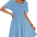 ZESICA Women's 2026 Summer Casual Mini Dress Flutter Short Sleeve Square Neck Smocked Tiered Ruffle Flowy Dresses (Blue, M)