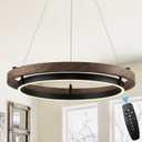 LED Ring Chandelier Dimmable Black Chandelier Round Foyer Chandeliers Light Walnut Wood Black Circular Chandeliers for Dining Room Entry Bedroom Office Living Room, 24in, 30W Downlight