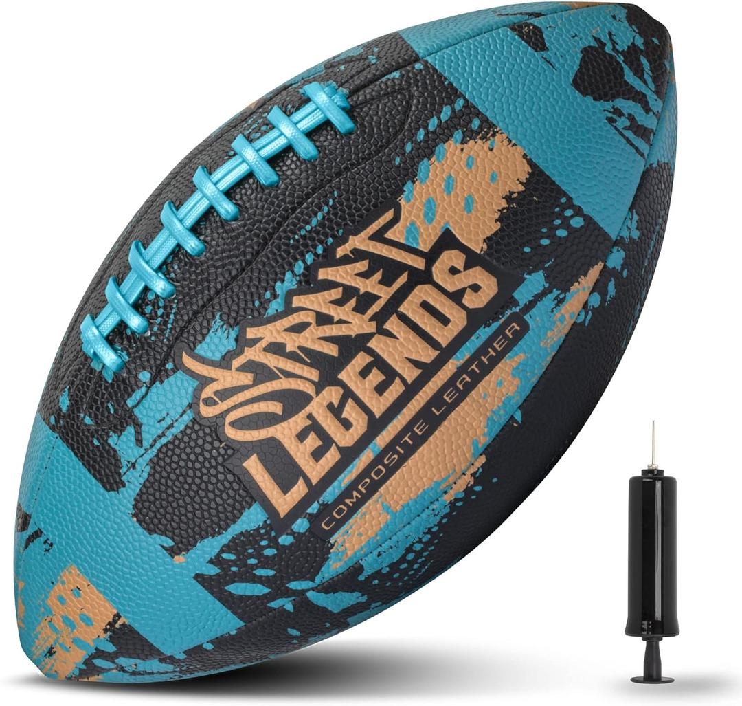 Street Legends Youth Football, Graffiti Printed Composite Leather Size 8 Football- Includes Pump, Made for Training, Practicing, & Recreational Play (Junior, Teal)