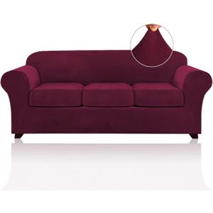 PrinceDeco Velvet Couch Covers for Sofa Soft 4 Pieces Couch Covers for 3 Cushion Couch Sofa Pet Friendly Furniture Protector with Non Slip Elastic Bottom Width Up to 90 Inch(Large, Burgundy)