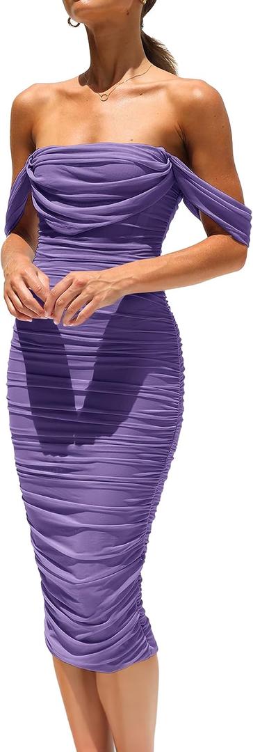 PRETTYGARDEN Summer Wedding Guest Dresses for Women 2026 Off the Shoulder Ruched Bodycon Spring Midi Cocktail Party Dress (Purple, S)