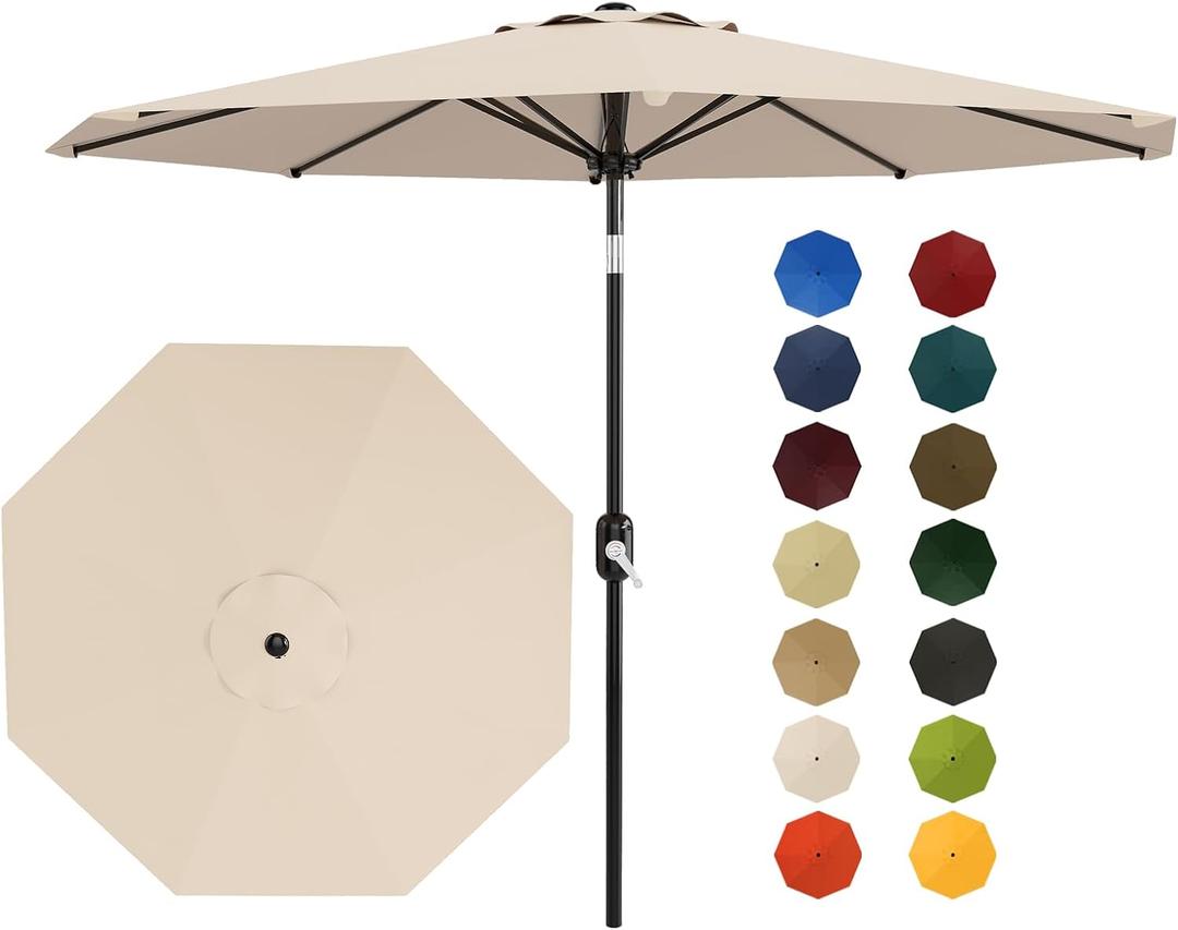 Garvee 9 ft Outdoor Patio Umbrella 8 Sturdy Ribs Outdoor Table Umbrella with Crank Lift & Push Button Tilt - UV Protection Waterproof Market Umbrellas for Pool, Deck, Yard, Garden, Light Beige