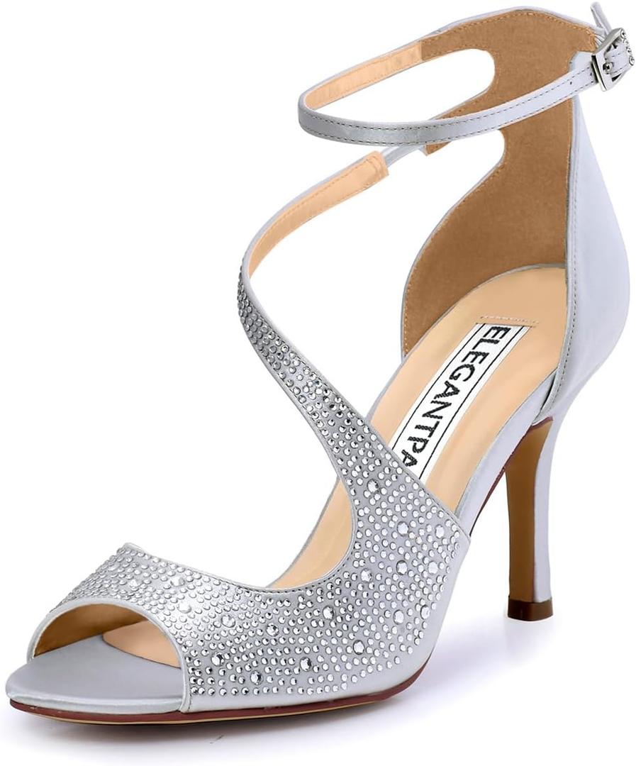 ELEGANTPARK Sandals for Women Peep Toe High Heels Cross Strappy Wedding Evening Dress Shoes Buckle Stain (9, Silver)