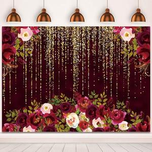 5x3ft Burgundy Red Flowers Wedding Backdrop for Photography Gold Dots Background for Bridal Shower, Woman & Girl Birthday Party Cake Table Decorations Banner Photo Studio Props