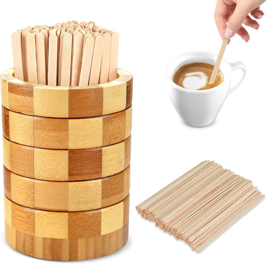 101 Pcs Coffee Stirrers Holder Set 1 Pcs Stirrers Holder 100 Pcs Disposable Stir Straws for Coffee Bar Coffee Stir Sticks For Coffee Milk Cocktail Tea Drinks Stirrer Straw Holder Home Kitchen (Grid Wood)