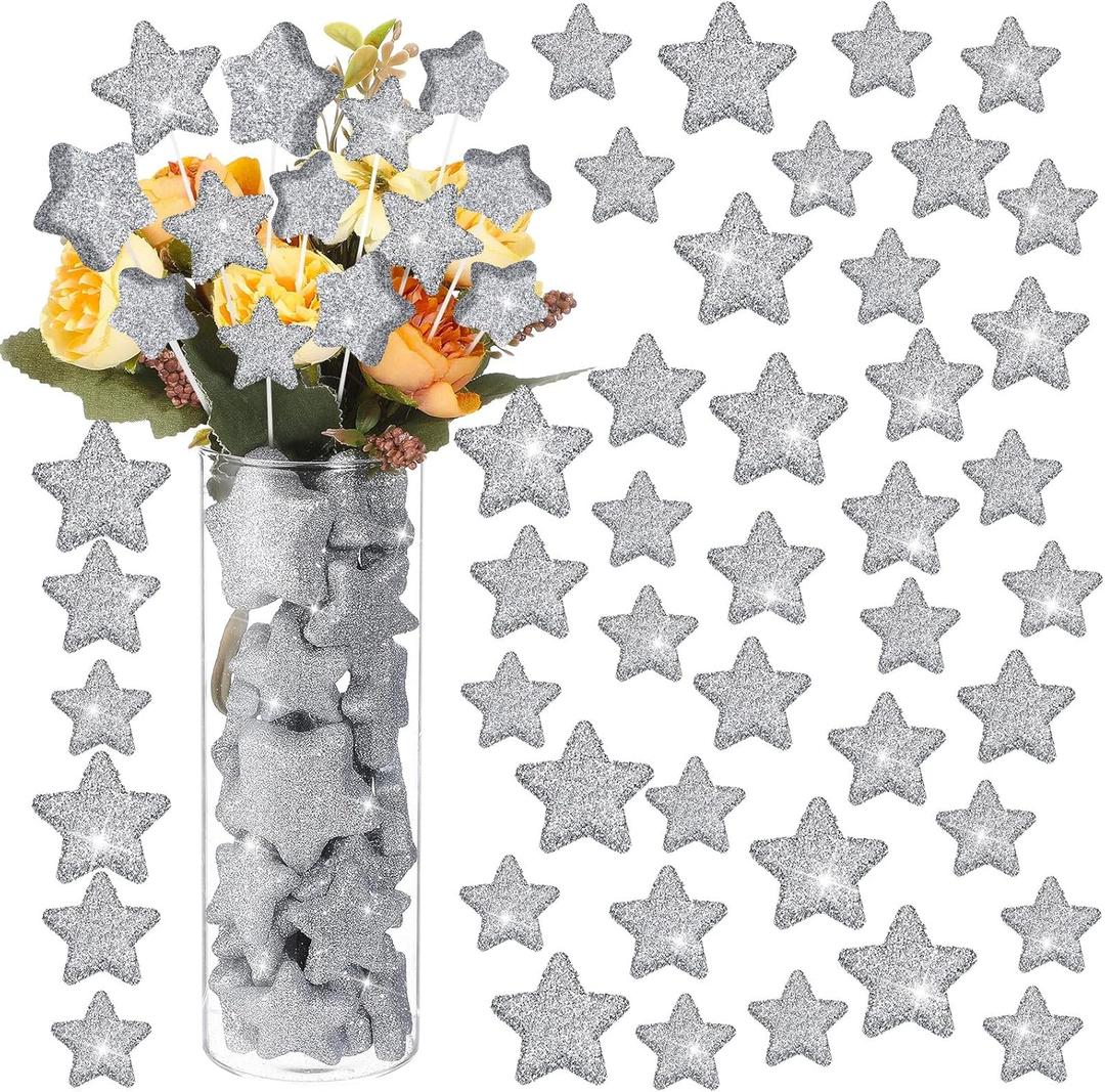 Teenyyou 60 Pcs Glitter Foam Star Vase Fillers Table Decor Floating Glitter Foam Filler Ornaments Candle Centerpieces for Wedding Christmas Table Scatter, 3 Size(Classic,Silver)