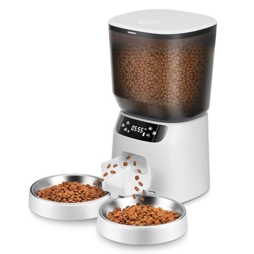 Automatic Cat Feeders for Two Cats, 5L/20 Cups Double Automatic Cat Food Dispenser with 2 Stainless Bowls, Timer Setting 20 Portions 6 Meals Per Day, 10s Meal Call, Pet Feeder for Dog (White)