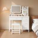 YeTom Vanity Desk with Mirror and Lights, Makeup Vanity Desk with 4 Fabric Drawers & Storage Shelvs & Chair, 3 Color Modes & Adjustable Brightness, White Vanity, Vanity Set, Bedroom Furniture