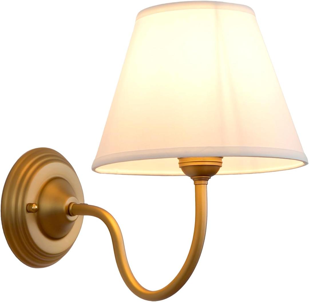 Vintage Curved Arm Fabric Wall Sconce with Linen Cloth Shade, Hardwired Indoor Single Sconce Light Wall Mounted Lamp for Bedroom Living Room Stairs Hallway (White 1-Light)
