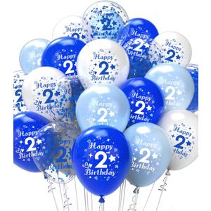 SUWEN Blue 2nd Birthday Balloons 38PCS 12Inch Latex Number Printed Balloons 1-9 Happy 2 Year Old Birthday Party Anniversary Decorations for Boys
