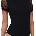 Womens Bodysuit Turtle Neck Polka Dot Sheer Mesh Long Sleeve Ribbed Bodysuits Jumpsuit (Small, Short Sleeve Black)