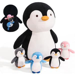 MMguai 5 Pieces Penguin Stuffer Animals Set, Giant 16 Inch Mommy Penguin Plush Toy with 4 Cute Babies Plushies in Her Zippered Tummy, Gifts for Kids Girls Boys, Birthday, Christmas